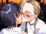  1girl blush braid brown_hair freckles game_cg glasses hair_ornament hairclip hetero kiss magaki_ryouta sunset tongue tou_no_sawa_majutsu_kenkyuukai tsujiura_miyako twin_braids 