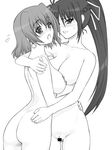  ass blush braid breast_press breasts censored earrings greyscale high_ponytail hug jewelry large_breasts lyrical_nanoha mahou_shoujo_lyrical_nanoha mahou_shoujo_lyrical_nanoha_a's monochrome multiple_girls nude pubic_hair shamal shichimenchou signum symmetrical_docking yuri 