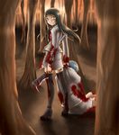  artist_request black_hair black_legwear blood blood_on_face bloody_clothes corpse death forest hatchet high_heels higurashi_no_naku_koro_ni horror_(theme) knife long_hair looking_at_viewer multiple_girls nanto_yaya nature nose_hatchet ootori_amane open_mouth parody school_uniform short_hair smile strawberry_panic! thighhighs tree yandere zettai_ryouiki 