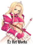  armor armored_dress blonde_hair breasts copyright_request dress elf gauntlets green_eyes large_breasts long_hair pointy_ears solo sword tanaka_takayuki tiara underboob weapon 