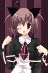  ;d ahoge animal_ears black_dress blue_eyes brown_hair cat_ears collar dress hair_ribbon long_sleeves miyasaka_miyu necktie one_eye_closed open_mouth original paw_pose ribbon smile solo striped striped_background two_side_up upper_body 