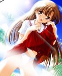  brown_eyes brown_hair comic_party day long_hair mikage_subaru outdoors panties skirt skirt_lift sky solo sun underwear watermark white_panties yukirin 