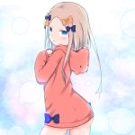  1girl :o abigail_williams_(fate/grand_order) animal_ears animal_hood ass bangs bear_ears bear_hood blonde_hair blue_bow blush bow brown_hoodie commentary_request cowboy_shot eyebrows_visible_through_hair fate/grand_order fate_(series) forehead hair_bow hands_up highres hood hood_down hoodie long_hair long_sleeves looking_at_viewer looking_to_the_side orange_bow parted_bangs parted_lips polka_dot polka_dot_bow sleeves_past_wrists solo su_guryu very_long_hair 