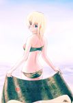  artist_request bikini blonde_hair blue_eyes breasts butt_crack cowboy_shot from_behind green_bikini looking_at_viewer original short_hair small_breasts smile solo standing swimsuit towel 