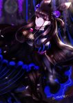  1girl bangs black_dress blurry blurry_background breasts brown_hair commentary_request depth_of_field dress dutch_angle eyebrows_visible_through_hair fate/grand_order fate_(series) full_moon hair_ornament highres juliet_sleeves large_breasts long_hair long_sleeves looking_at_viewer lunacats moon murasaki_shikibu_(fate) parted_lips puffy_sleeves purple_eyes ribbon-trimmed_dress ribbon_trim sidelocks sleeves_past_fingers sleeves_past_wrists solo twitter_username two_side_up very_long_hair wide_sleeves 