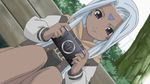  aa_megami-sama bench facial_mark forehead_mark handheld_game_console jewelry long_hair long_sleeves playing_games playstation_portable ring screencap solo urd video_game white_hair 
