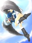  :d ahoge black_wings blue_eyes blue_hair blue_sky boots breastplate cloud day flying full_body kamyu knee_boots long_sleeves looking_at_viewer open_mouth outdoors panties short_hair sky smile solo thighs underwear utawareru_mono white_panties wings 