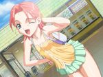  camisole dutch_angle fang flat_chest game_cg green_eyes hand_on_hip kazuki_sayuri magaki_ryouta one_eye_closed pink_hair short_hair skirt solo tou_no_sawa_majutsu_kenkyuukai 