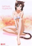  90s ahoge animal_ears bandeau barefoot bikini breasts brown_hair cat_ears cat_tail character_name cleavage copyright_name fang_out fangs feet full_body green_eyes hands_together highres kemonomimi_mode knee_up large_breasts light_smile logo looking_at_viewer nakajima_atsuko official_art scan short_hair sitting smile solo swimsuit tail tsujimoto_natsumi underboob v_arms white_bikini you're_under_arrest 