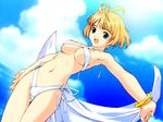  argonauts beach bikini blonde_hair blue_eyes breasts cloud day game_cg highleg highleg_bikini medium_breasts mibu_natsuki non_(argonauts) outdoors short_hair sky solo swimsuit towel underboob 