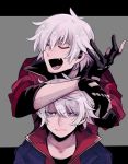  2boys bangs black_gloves blue_eyes closed_mouth dante_(devil_may_cry) devil_may_cry devil_may_cry_4 eyebrows_visible_through_hair eyes_closed facial_hair fang fingerless_gloves gloves grey_background mako_gai multiple_boys nero_(devil_may_cry) open_mouth shaded_face simple_background sleeves_rolled_up 