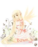  bare_shoulders blonde_hair chii chobits draa hair_tubes long_hair ribbon robot_ears seiza sitting solo very_long_hair wings 