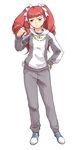  bangs bow drill_hair full_body hair_bow hair_twirling hand_on_hip long_sleeves minato_fumi my-otome orange_eyes pink_hair quad_tails raised_eyebrow ringlets shiho_huit shoes simple_background sneakers solo standing track_suit white_background 