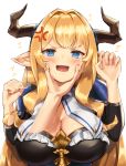  1girl absurdres anger_vein angry blonde_hair blue_eyes blush breasts cheek_poking chin_grab cleavage clenched_hand disembodied_limb draph granblue_fantasy hair_intakes highres horns huge_filesize large_breasts long_hair monyu_(monyupop) open_mouth pauldrons pointy_ears poking pov rastina shiny shiny_hair solo upper_body wavy_mouth white_background 