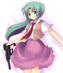  green_hair gun higurashi_no_naku_koro_ni necktie red_neckwear skirt solo sonozaki_mion subaru_(yachika) weapon 