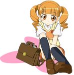  bag bangs black_legwear blunt_bangs blush emblem ixy kneehighs looking_at_viewer onegai_my_melody orange_eyes orange_hair school_bag shirt short_hair short_sleeves simple_background sitting solo sweater_vest twintails white_background white_shirt yumeno_uta 