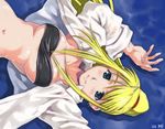  bandeau blonde_hair blue_eyes fullmetal_alchemist long_hair long_sleeves lowres lying maruto! on_back open_clothes open_shirt ponytail shirt smile solo strapless winry_rockbell 