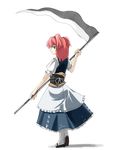  blue_dress dress from_behind hair_bobbles hair_ornament looking_at_viewer looking_back obi onozuka_komachi polearm puffy_short_sleeves puffy_sleeves red_eyes red_hair sandals sash scythe seo_tatsuya short_hair short_sleeves simple_background socks solo tabi touhou two_side_up weapon white_background white_legwear 