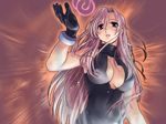  armpits black_bodysuit bodysuit breasts cleavage cleavage_cutout gloves glowing kazami_mizuho large_breasts lipstick long_hair makeup no_bra onegai_teacher outstretched_hand pink_hair purple_eyes sleeveless solo turtleneck uon_taraku very_long_hair wallpaper 