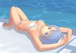  armpits bad_perspective bikini blue_eyes blue_hair breasts kiriman_(souldeep) lying medium_breasts on_back original pool poolside short_hair solo strap_gap swimsuit water 