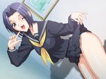  black_panties blue_eyes blue_hair dutch_angle finger_to_mouth game_cg juujo_makoto long_sleeves magaki_ryouta miniskirt neckerchief one_eye_closed panties pleated_skirt school_uniform serafuku short_hair skirt skirt_lift solo standing tou_no_sawa_majutsu_kenkyuukai underwear 