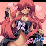  blush breasts cleavage copyright_name dark_skin hair_over_one_eye heart kirche_augusta_frederica_von_anhalt_zerbst large_breasts lingerie midriff nightgown no_panties pink_background red_hair solo tekehiro underwear zero_no_tsukaima 