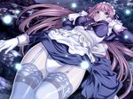  blue_legwear dress dress_lift dutch_angle game_cg garter_straps gloves glowing lace lace-trimmed_thighhighs long_hair long_sleeves lycoris_radiata maid panties pink_eyes pink_hair solo thighhighs tsuzuri_(lycoris_radiata) underwear very_long_hair white_gloves white_panties yokota_mamoru 