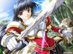  armor bekkankou black_hair day eleanor_fortworth game_cg gloves long_sleeves lowres outdoors princess_holiday red_eyes solo sword weapon 