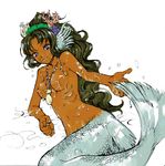  artist_request blue_eyes breasts copyright_request curly_hair dark_skin gills green_hair hair_ornament head_fins jewelry lying medium_breasts mermaid monster_girl necklace nipples nude ponytail smile solo water wet 