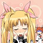  artist_request bangs blonde_hair brown_hair capelet closed_eyes fate_testarossa hair_ribbon hands_on_own_cheeks hands_on_own_face long_sleeves lowres lyrical_nanoha mahou_shoujo_lyrical_nanoha multiple_girls oekaki parted_bangs ribbon school_uniform seishou_elementary_school_uniform shaded_face short_hair sidelocks takamachi_nanoha twintails 