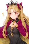  1girl ? bangs black_cola black_collar black_dress blonde_hair blush bow breasts cape closed_mouth collar collarbone detached_collar dress earrings ereshkigal_(fate/grand_order) eyebrows_visible_through_hair fate/grand_order fate_(series) hair_bow highres infinity jewelry long_hair looking_at_viewer medium_breasts parted_bangs purple_bow purple_cape red_eyes simple_background skull solo spine tiara two_side_up upper_body very_long_hair white_background 