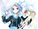  bandages blonde_hair blue_hair evoker long_hair long_sleeves lucia_(persona) multiple_girls persona persona_3 school_uniform short_hair turtleneck ushiki_yoshitaka yamagishi_fuuka 