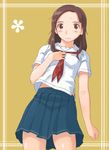  arm_at_side blue_skirt blush breast_pocket breasts brown_eyes brown_hair clenched_hand collarbone cowboy_shot flower_(symbol) forehead from_below hand_on_own_chest imo_works kawada_tomoko kibina_high_school_uniform kimi_kiss long_hair midriff_peek neckerchief plaid_neckwear pleated_skirt pocket red_neckwear school_uniform serafuku shiny shiny_skin short_sleeves skirt small_breasts solo tan_background 