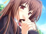  blush bra-ban! brown_hair finger_sucking game_cg hands holding_hands kobuichi long_hair long_sleeves nakanoshima_tae out_of_frame pov pov_hands red_eyes school_uniform solo_focus 