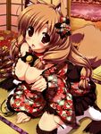  :o absurdres animal_ears bell bell_collar blush breasts brown_hair cleavage collar fingernails floral_print fox_ears fox_tail hair_ornament highres jingle_bell large_breasts long_hair open_mouth original oshiki_hitoshi red_eyes solo tail thighhighs 