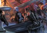  5girls alcohol alien asari bar blue_skin breasts center_opening cleavage commander_shepard commander_shepard_(male) dutch_angle error highres krogan mass_effect mass_effect_2 medium_breasts miranda_lawson multiple_girls n7_armor no_bra quarian smile streamingsun tali'zorah 