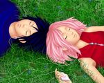  1girl blue_hair closed_eyes digital_media_player haruno_sakura lowres naruto naruto_(series) phoenixbird16 pink_hair uchiha_sasuke 