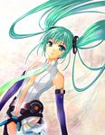  elbow_gloves floating gloves green_eyes green_hair hatsune_miku hatsune_miku_(append) highres long_hair mao_(mao1985) navel necktie solo twintails vocaloid vocaloid_append 