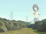  akio-bako electricity giantess nature one_eye_closed original power_lines school_uniform serafuku solo 