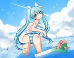  ass bad_id bad_pixiv_id bent_over bird blue_eyes blue_hair cloud condensation_trail day from_behind hatsune_miku long_hair looking_back megurine_luka one-piece_swimsuit sei000 sky smile spring_onion striped swimsuit takoluka twintails very_long_hair vocaloid wading water 