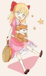  anime_(5000) blonde_hair blue_eyes dress frying_pan mother_(game) mother_2 paula_(mother_2) ribbon smile solo star stuffed_animal stuffed_toy 