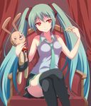  aqua_hair bunny chair crossed_legs curtains dansa hatsune_miku key long_hair necktie panties pantyshot pantyshot_(sitting) red_eyes sitting skirt smile smirk solo stuffed_animal stuffed_bunny stuffed_toy thighhighs twintails underwear very_long_hair vocaloid 