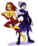  1boy 1girl blue_eyes cartoon_network couple dc_comics female genderswap grey_skin headband jinx kid_flash lightning_bolt long_hair male miniskirt purple_eyes purple_hair red_hair redhead sen_(pixiv111638) short_hair skirt teen_titans trench_coat trenchcoat violet_eyes wally_west 