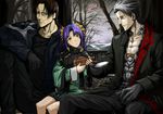  2boys bottle cherry_blossoms china_dress chinese_clothes dress gloves kikokugai kong_ruili kong_taoluo liu_haojun male_focus multiple_boys purple_hair sitting tarariko yellow_eyes 