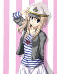  blonde_hair blue_eyes casual hat k-on! kotobuki_tsumugi listen!! long_hair mister_(black_and_white) sailor_hat salute solo striped 