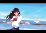  brown_eyes brown_hair day long_hair ocean original paper_airplane railing school_uniform sky smile solo tiru 