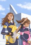  artist_request brown_eyes brown_hair closed_eyes clothes_writing guitar instrument kodou_koume long_hair multiple_girls ponytail reimon_marika s.p.d._uniform smile super_sentai tokusou_sentai_dekaranger 