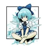 bad_id bad_pixiv_id barefoot blue_eyes blue_hair blush bow cirno crossed_legs frown hair_bow hands_on_feet indian_style sitting solo touhou tsuttsu wings 