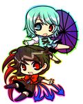  asymmetrical_wings chibi heterochromia houjuu_nue multiple_girls purple_umbrella red_eyes short_hair simple_background socha tatara_kogasa touhou umbrella wings 