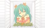  aqua_hair bad_id bad_pixiv_id bare_shoulders casual chin_rest closed_eyes flower hatsune_miku long_hair sama smile solo vocaloid window 